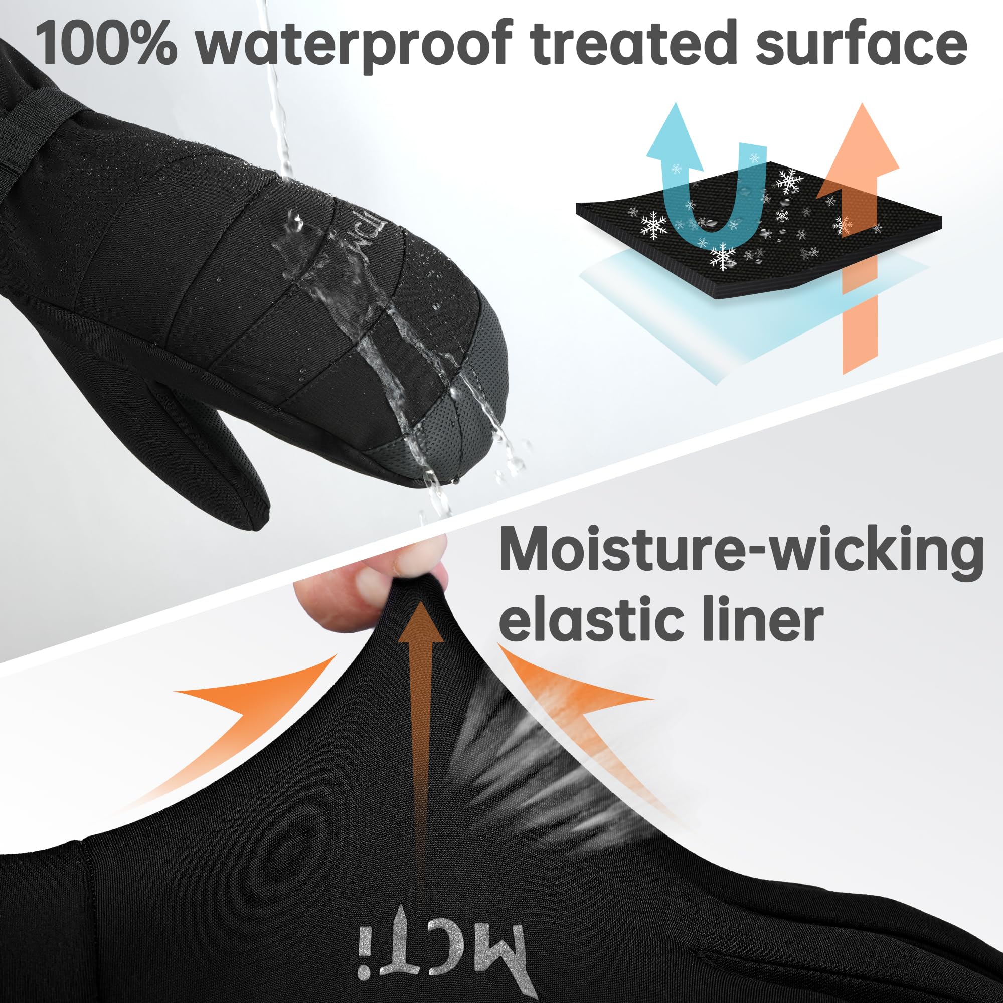 MCTi 2 in 1 Winter Ski Gloves for Men, Waterproof Snowboard Gloves, Thick Ski Mittens & Fleece Glove Liners, 2 Pairs - Image 3