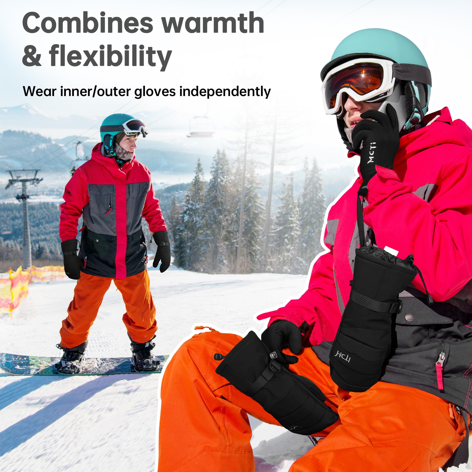 MCTi 2 in 1 Winter Ski Gloves for Men, Waterproof Snowboard Gloves, Thick Ski Mittens & Fleece Glove Liners, 2 Pairs - Image 4