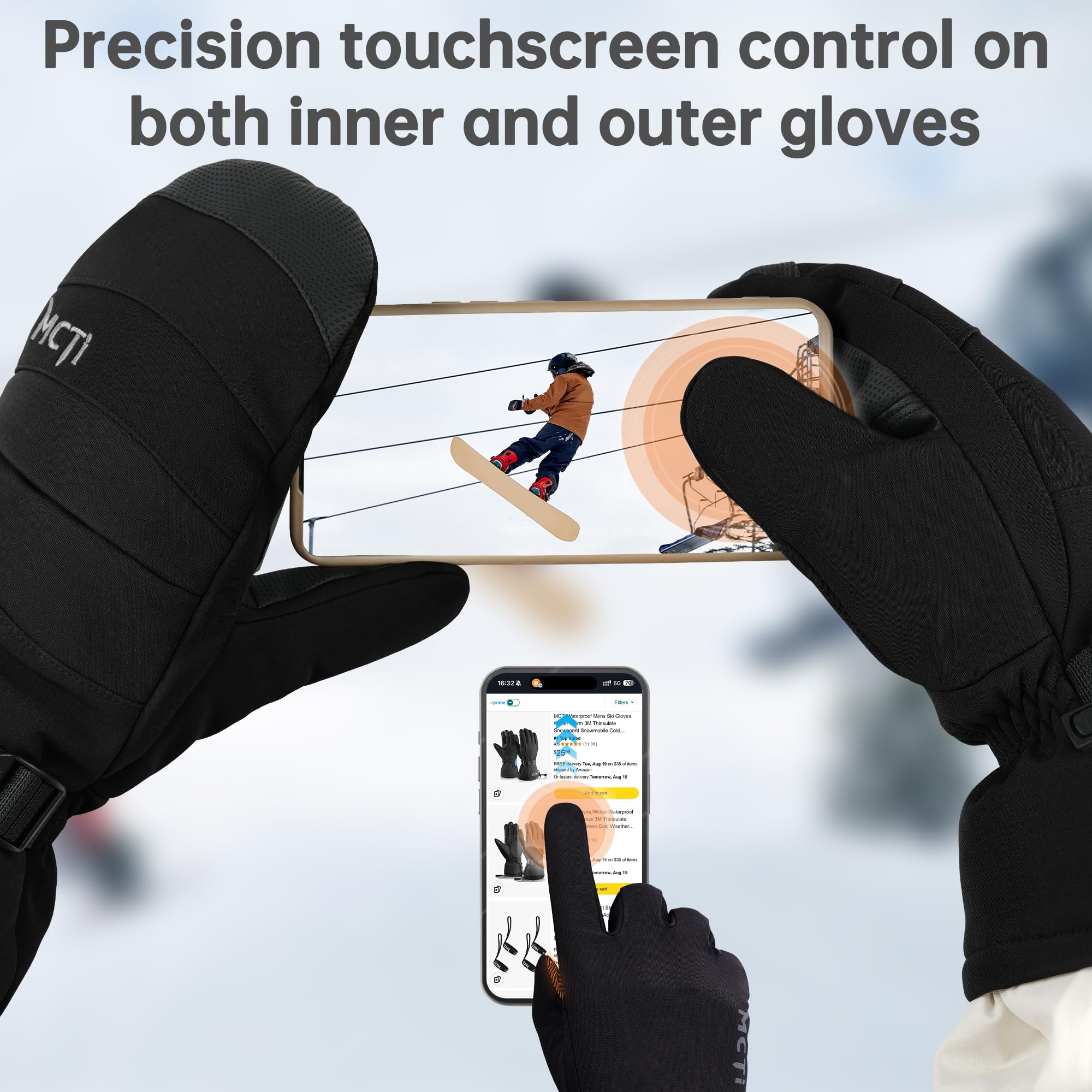MCTi 2 in 1 Winter Ski Gloves for Men, Waterproof Snowboard Gloves, Thick Ski Mittens & Fleece Glove Liners, 2 Pairs - Image 5