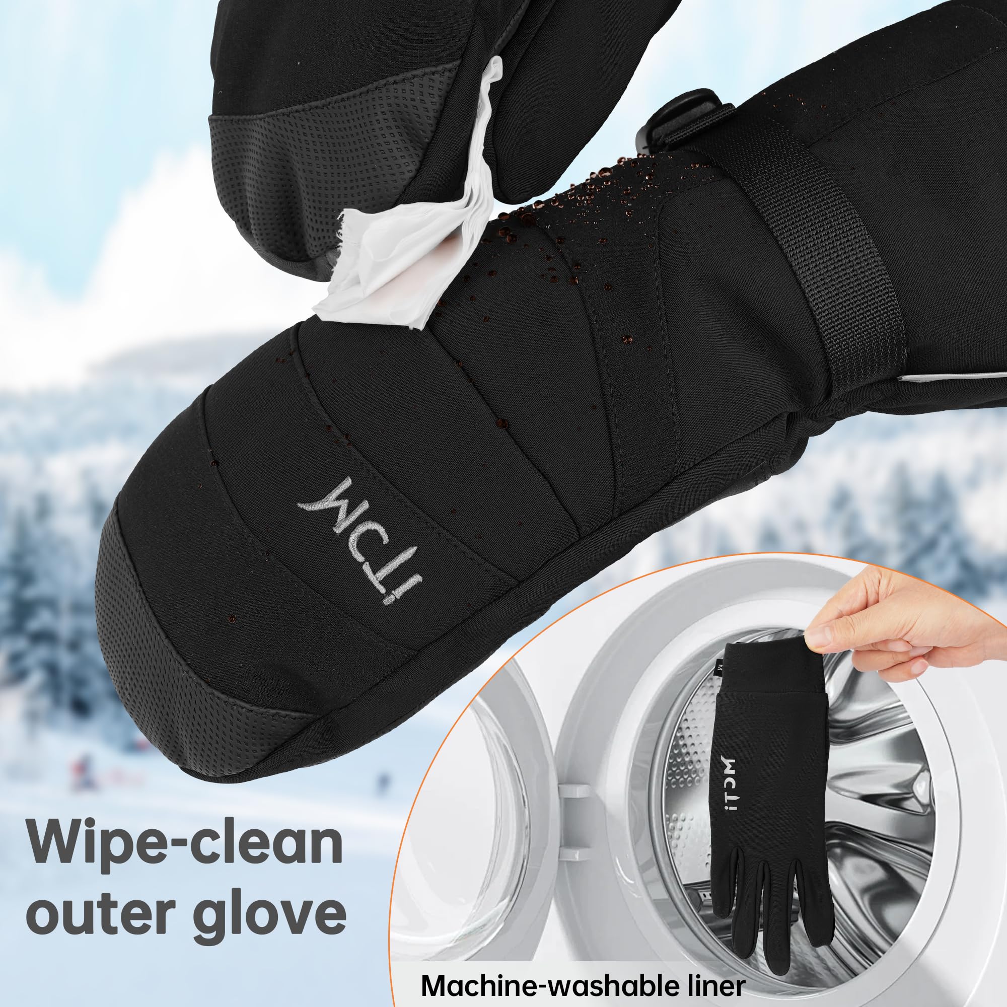 MCTi 2 in 1 Winter Ski Gloves for Men, Waterproof Snowboard Gloves, Thick Ski Mittens & Fleece Glove Liners, 2 Pairs - Image 6