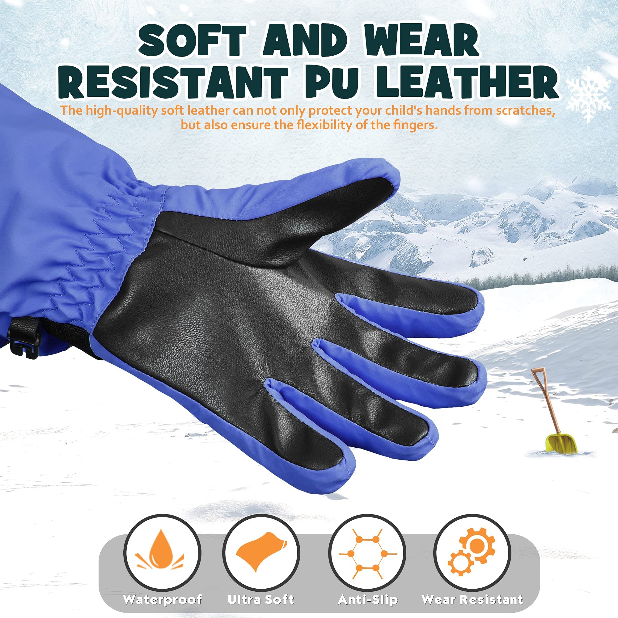 MCTi Kids Gloves Waterproof Winter Warm Snow Ski Gloves Long Cuff Fleece Lined with Reflective Strap - Image 3