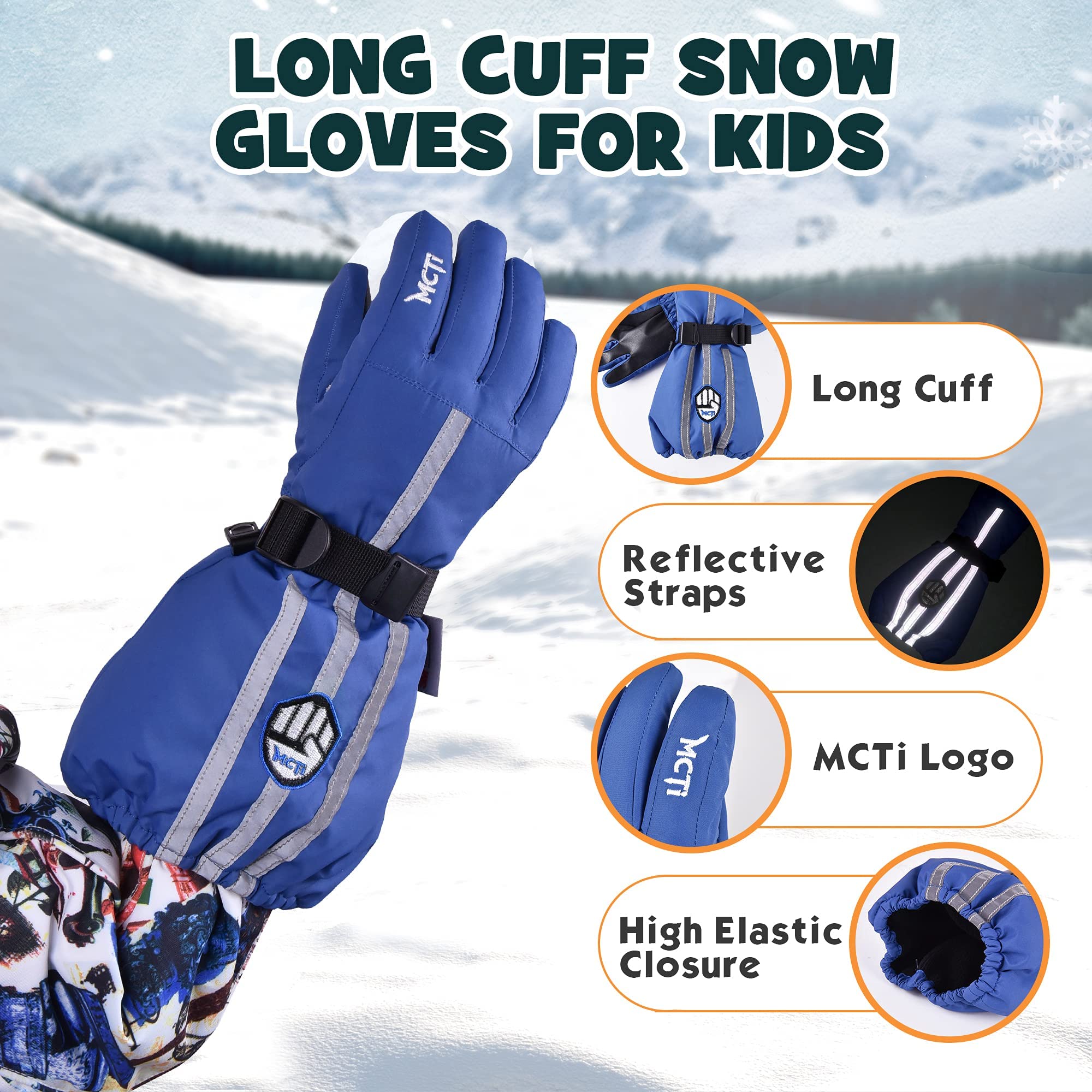 MCTi Kids Gloves Waterproof Winter Warm Snow Ski Gloves Long Cuff Fleece Lined with Reflective Strap - Image 4