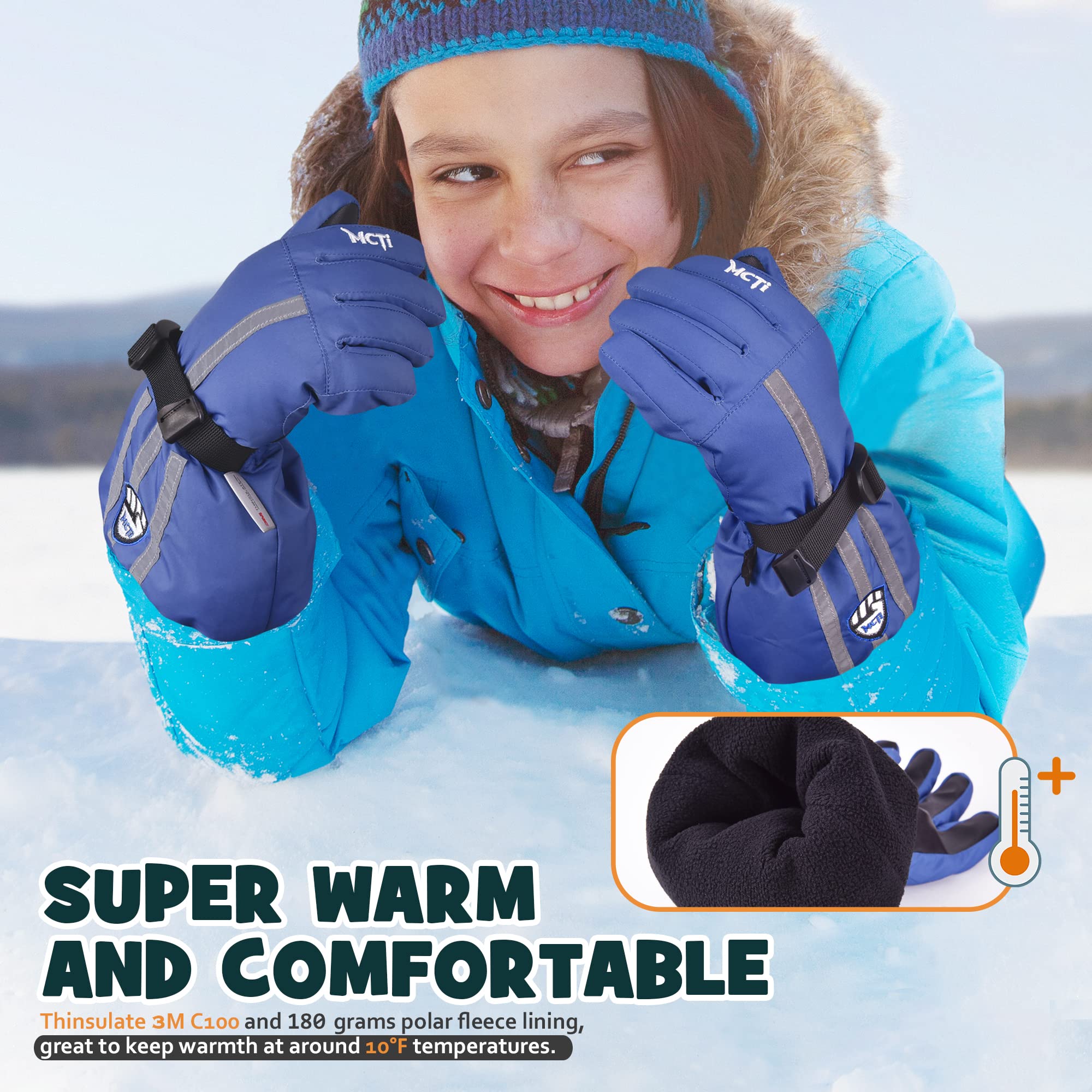 MCTi Kids Gloves Waterproof Winter Warm Snow Ski Gloves Long Cuff Fleece Lined with Reflective Strap - Image 5