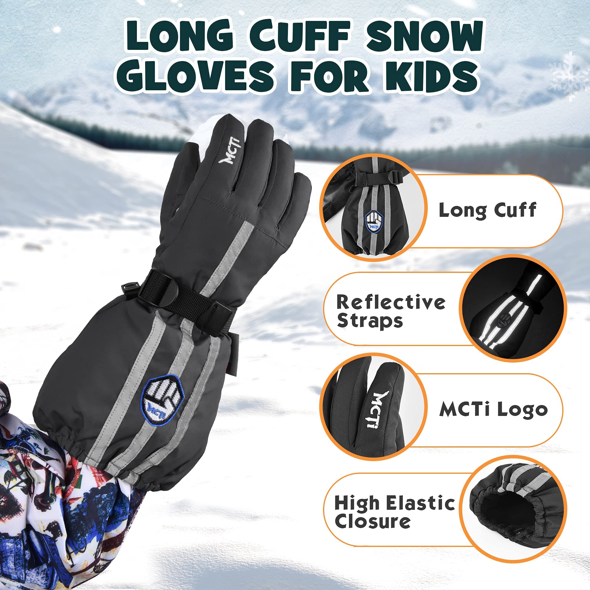 MCTi Kids Gloves Waterproof Winter Warm Snow Ski Gloves Long Cuff Fleece Lined with Reflective Strap - Image 4