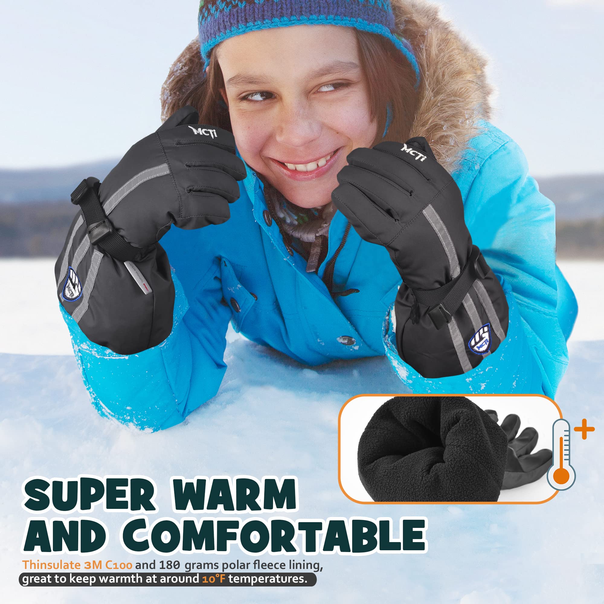 MCTi Kids Gloves Waterproof Winter Warm Snow Ski Gloves Long Cuff Fleece Lined with Reflective Strap - Image 5
