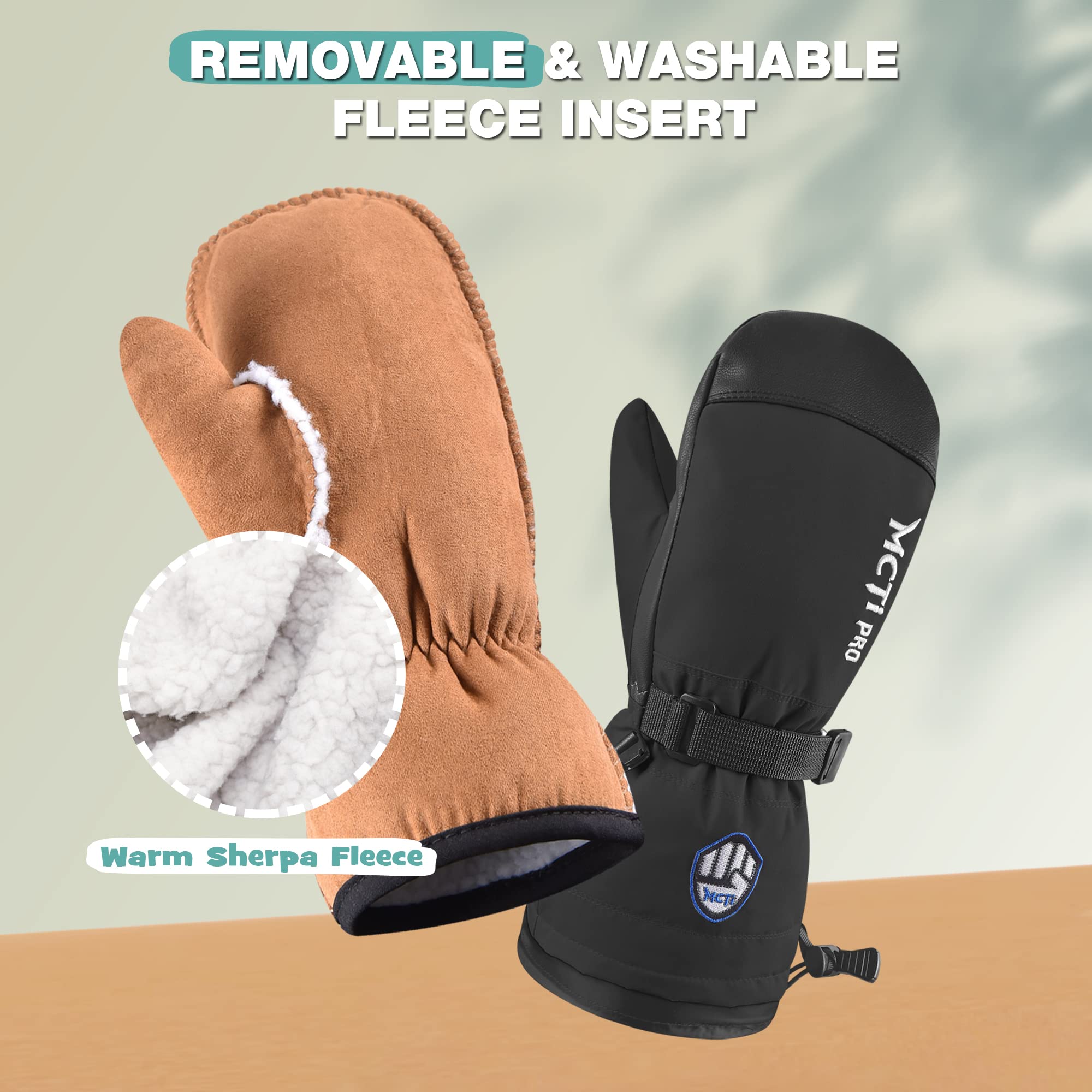 MCTi Kids Mittens Waterproof Winter Ski Warm Sherpa Fleece Lined Removable Insert - Image 3