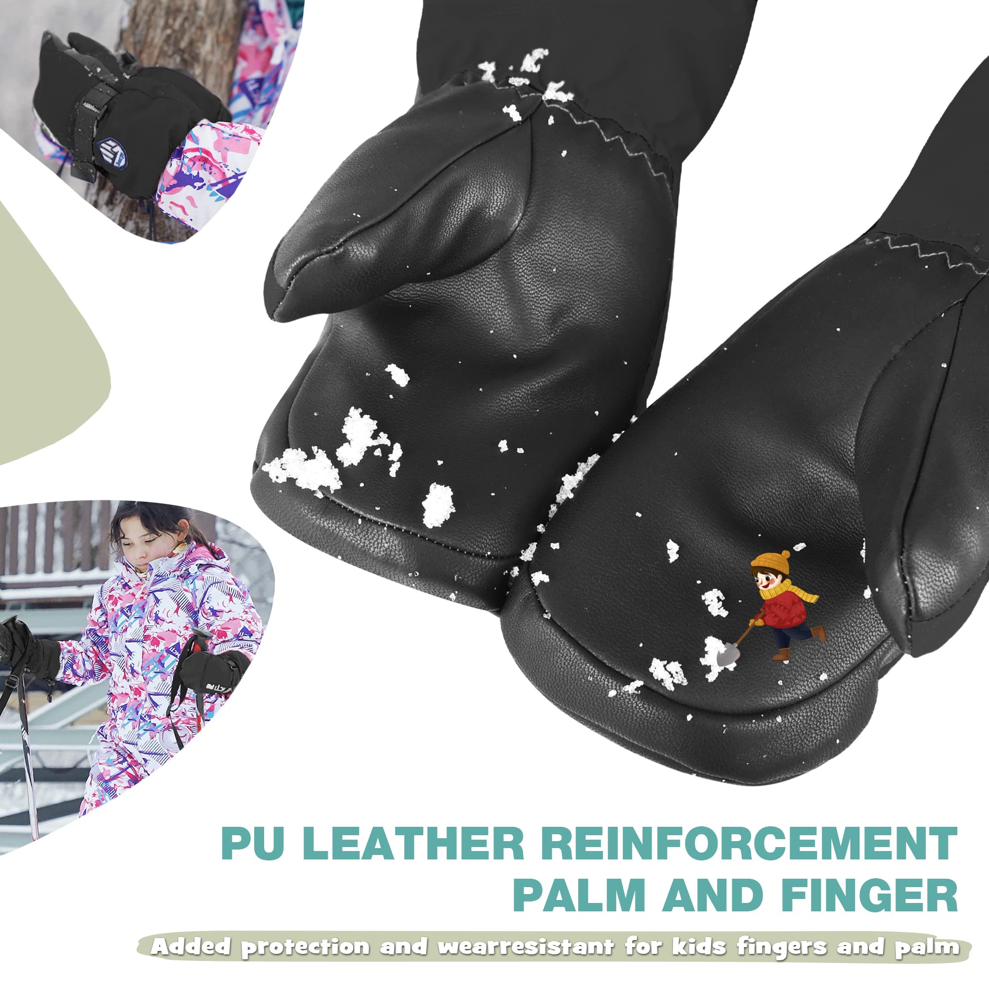 MCTi Kids Mittens Waterproof Winter Ski Warm Sherpa Fleece Lined Removable Insert - Image 4