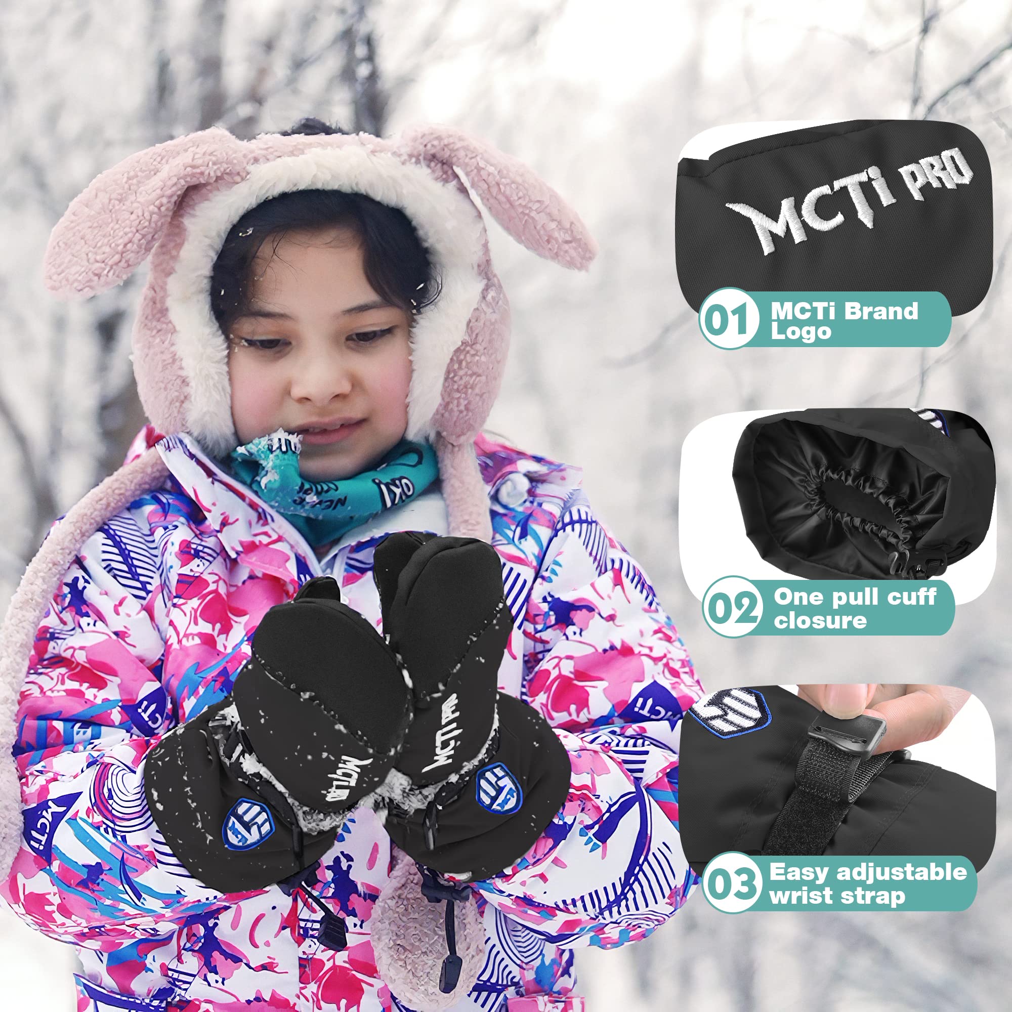 MCTi Kids Mittens Waterproof Winter Ski Warm Sherpa Fleece Lined Removable Insert - Image 5