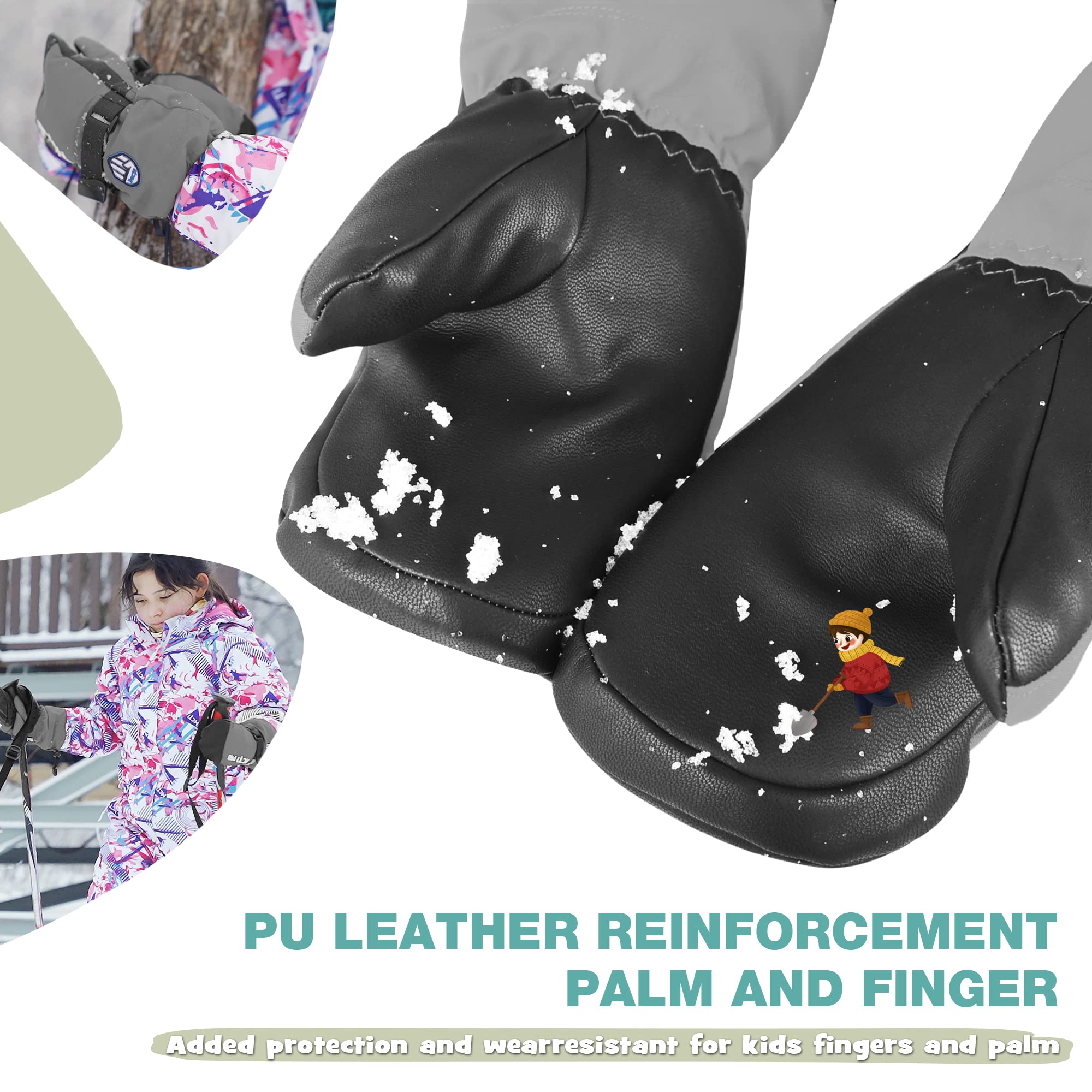 MCTi Kids Mittens Waterproof Winter Ski Warm Sherpa Fleece Lined Removable Insert - Image 4