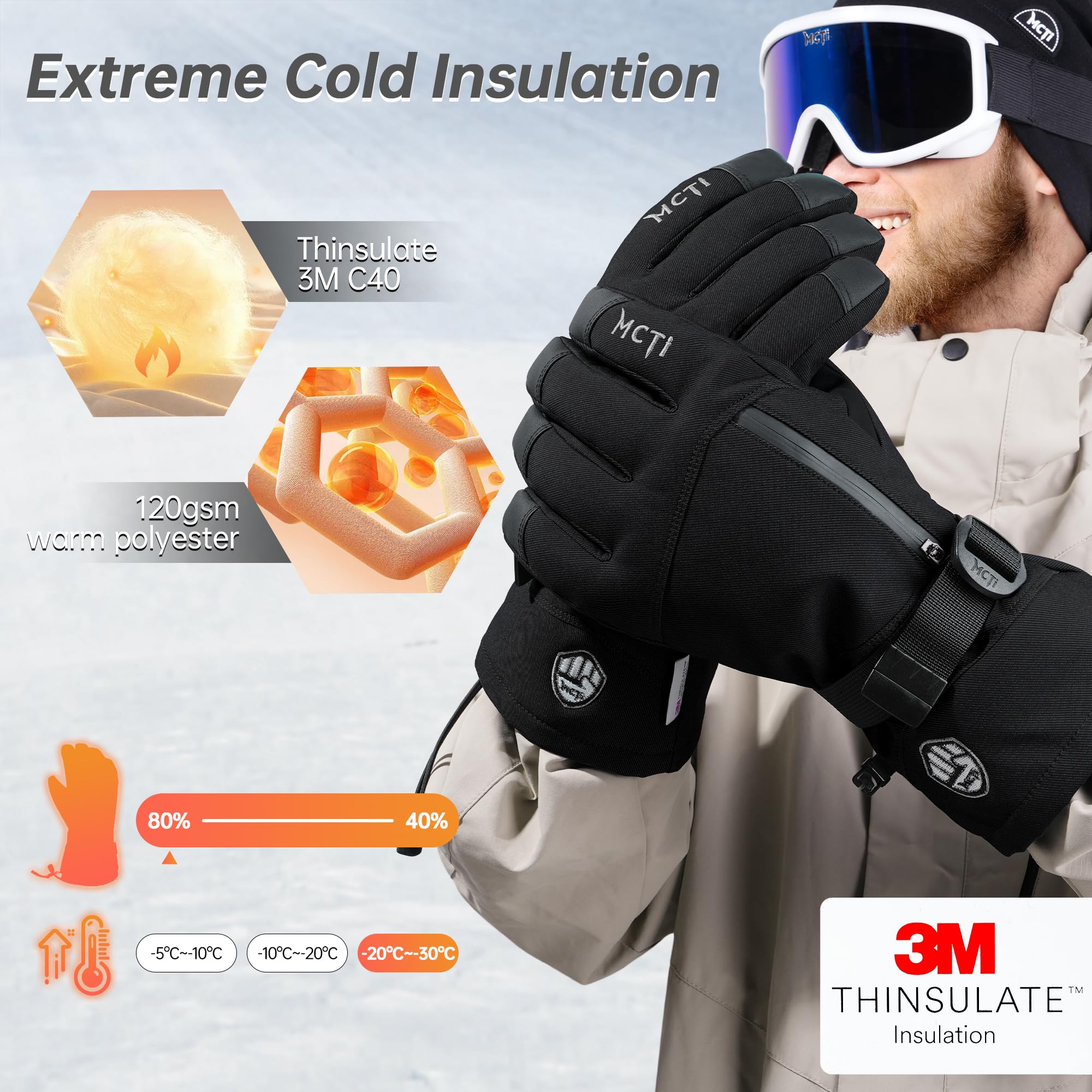 MCTi Pro Wrist Support Ski Gloves for Men, Winter Snowboard Gloves with Wrist Guard, Waterproof, 3M Thinsulate Warm, High Abrasion Resistance - Image 3