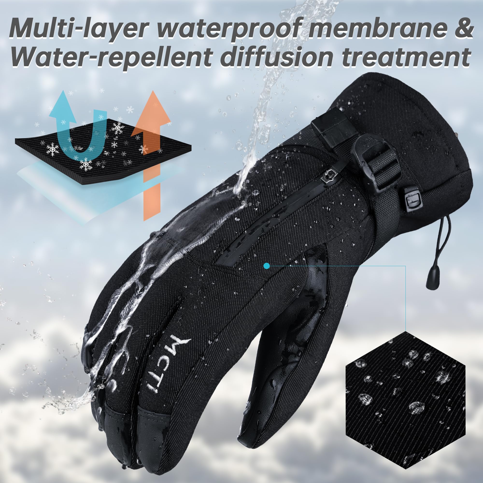 MCTi Pro Wrist Support Ski Gloves for Men, Winter Snowboard Gloves with Wrist Guard, Waterproof, 3M Thinsulate Warm, High Abrasion Resistance - Image 4