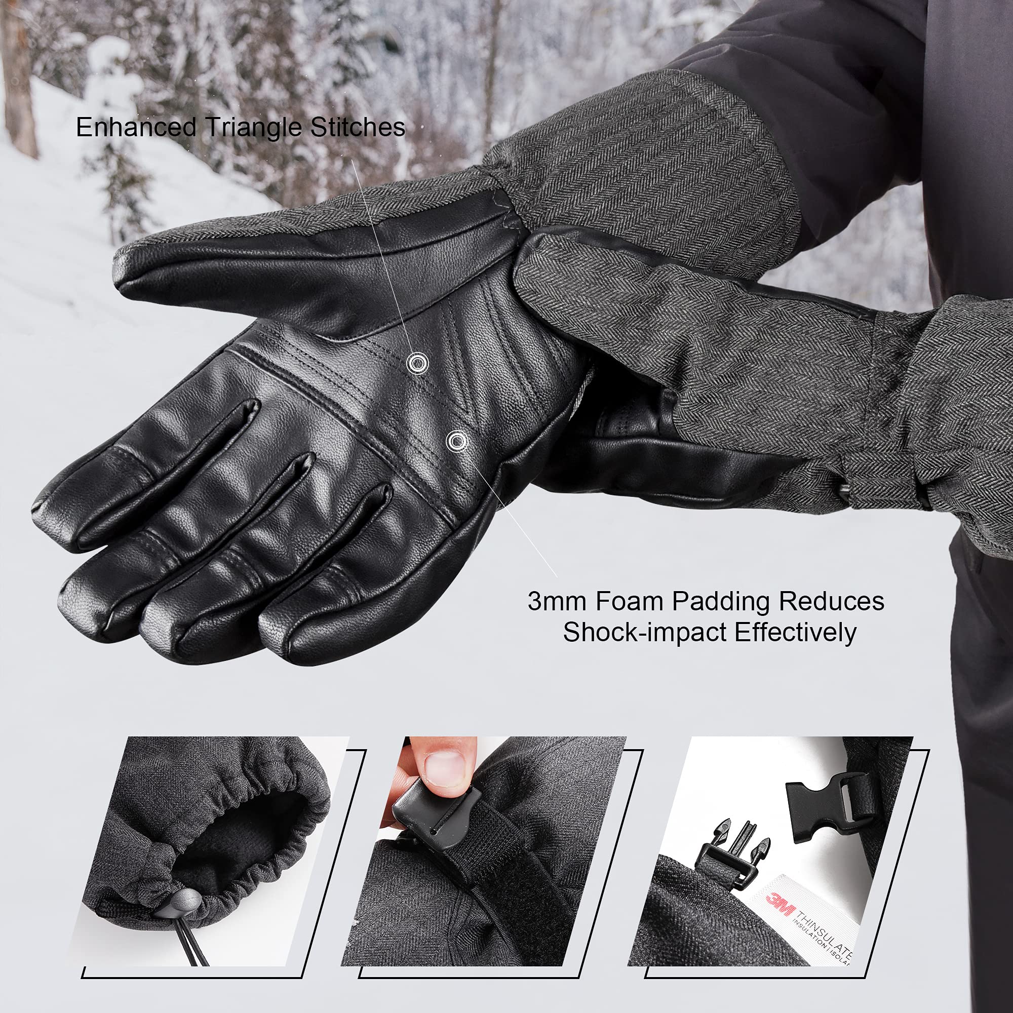 MCTi Ski Gloves Winter Waterproof Snowboard Snow Warm 3M Thinsulate PU Leather Cold Weather Gloves for Mens Womens - Image 4