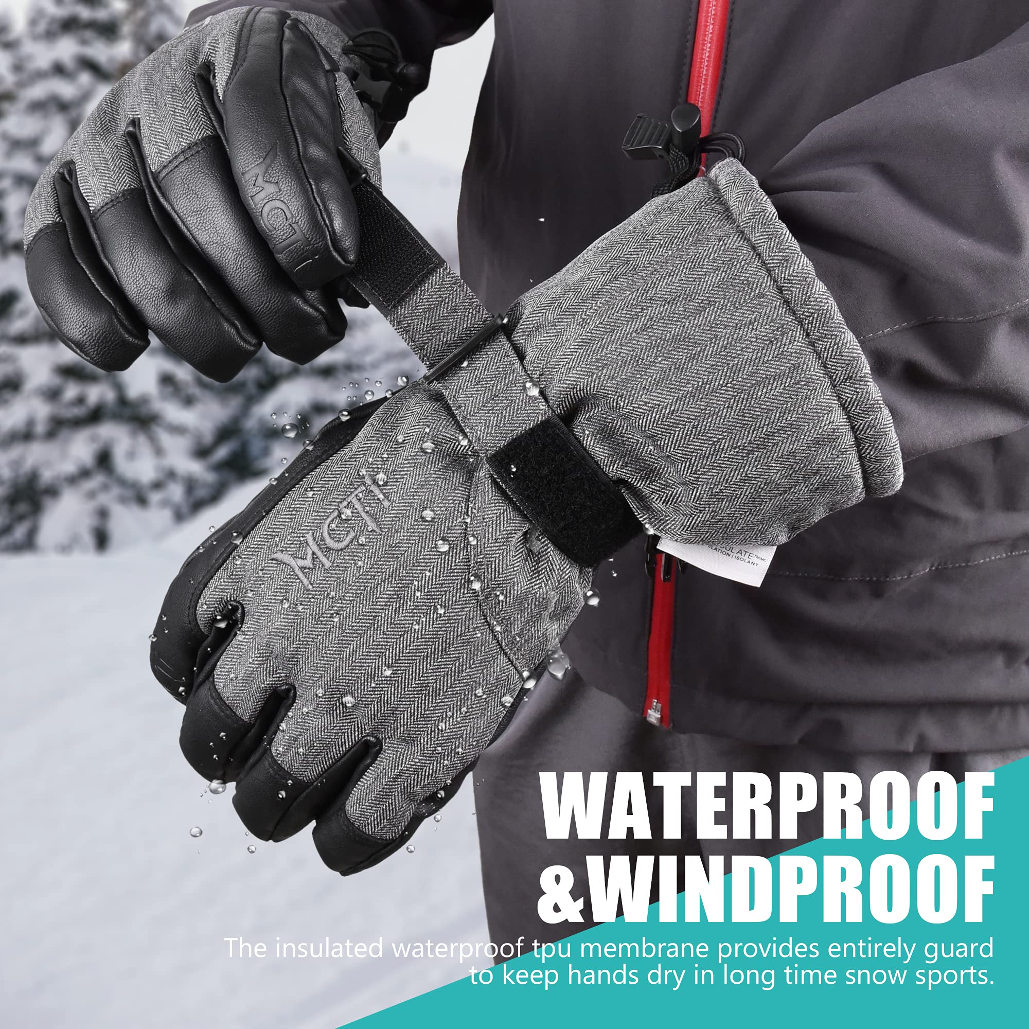 MCTi Ski Gloves Winter Waterproof Snowboard Snow Warm 3M Thinsulate PU Leather Cold Weather Gloves for Mens Womens - Image 3