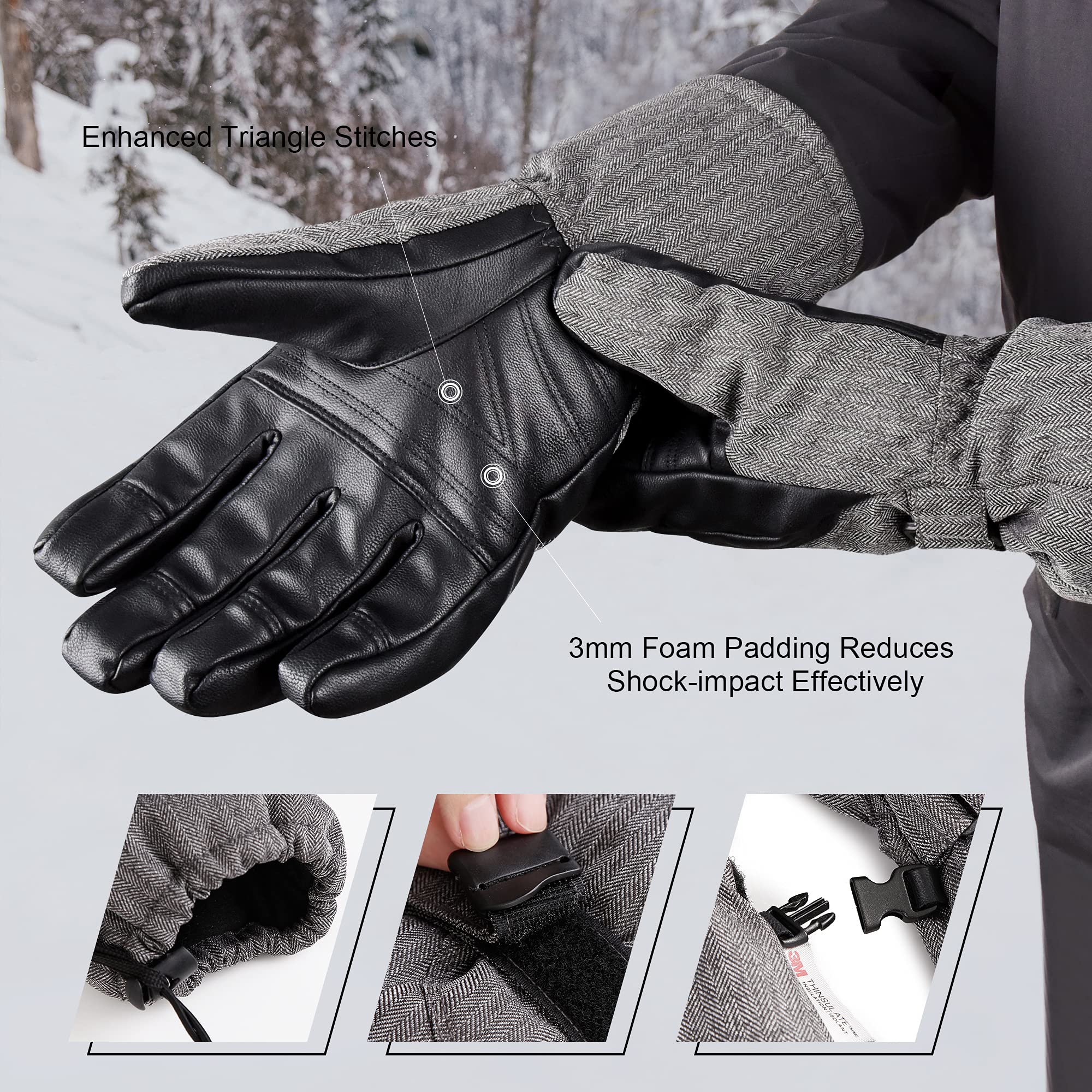 MCTi Ski Gloves Winter Waterproof Snowboard Snow Warm 3M Thinsulate PU Leather Cold Weather Gloves for Mens Womens - Image 4