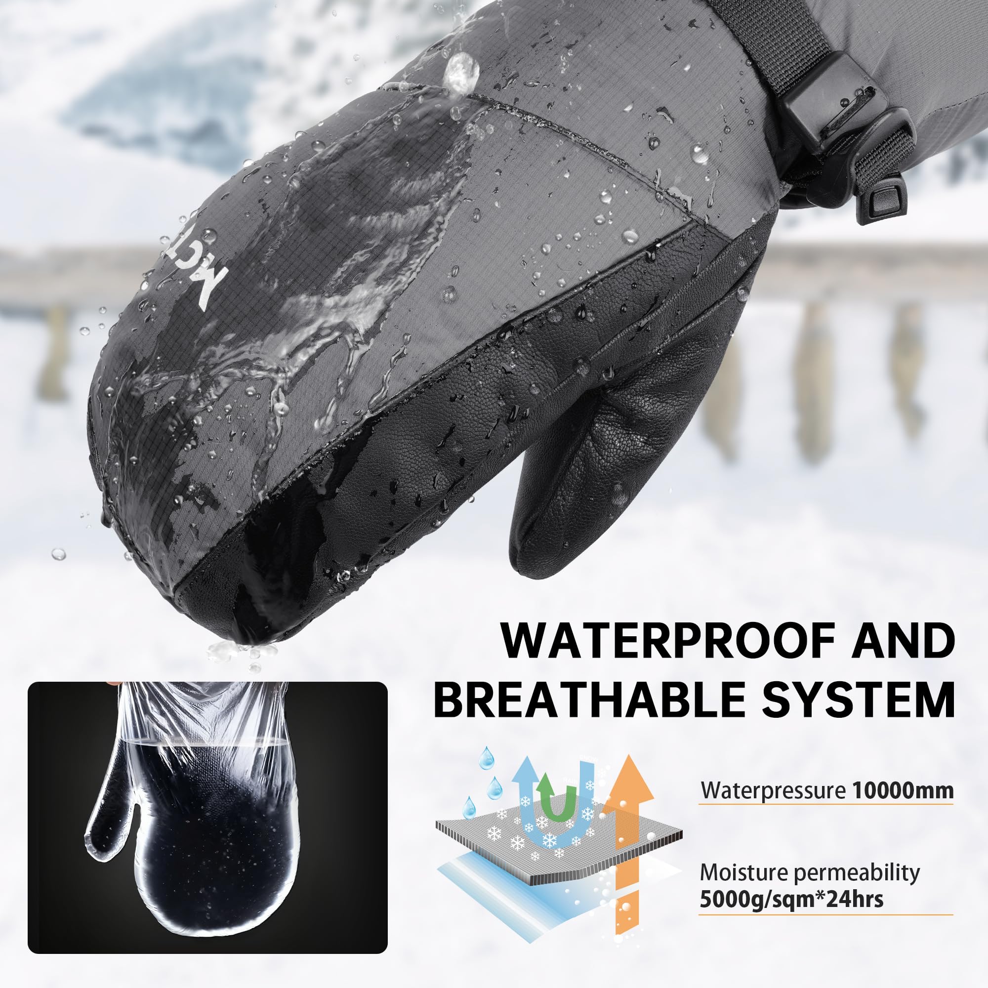 MCTi Ski Mittens Down Mittens Winter Cold Weather Waterproof Touch Screen Mitt for Men - Image 3