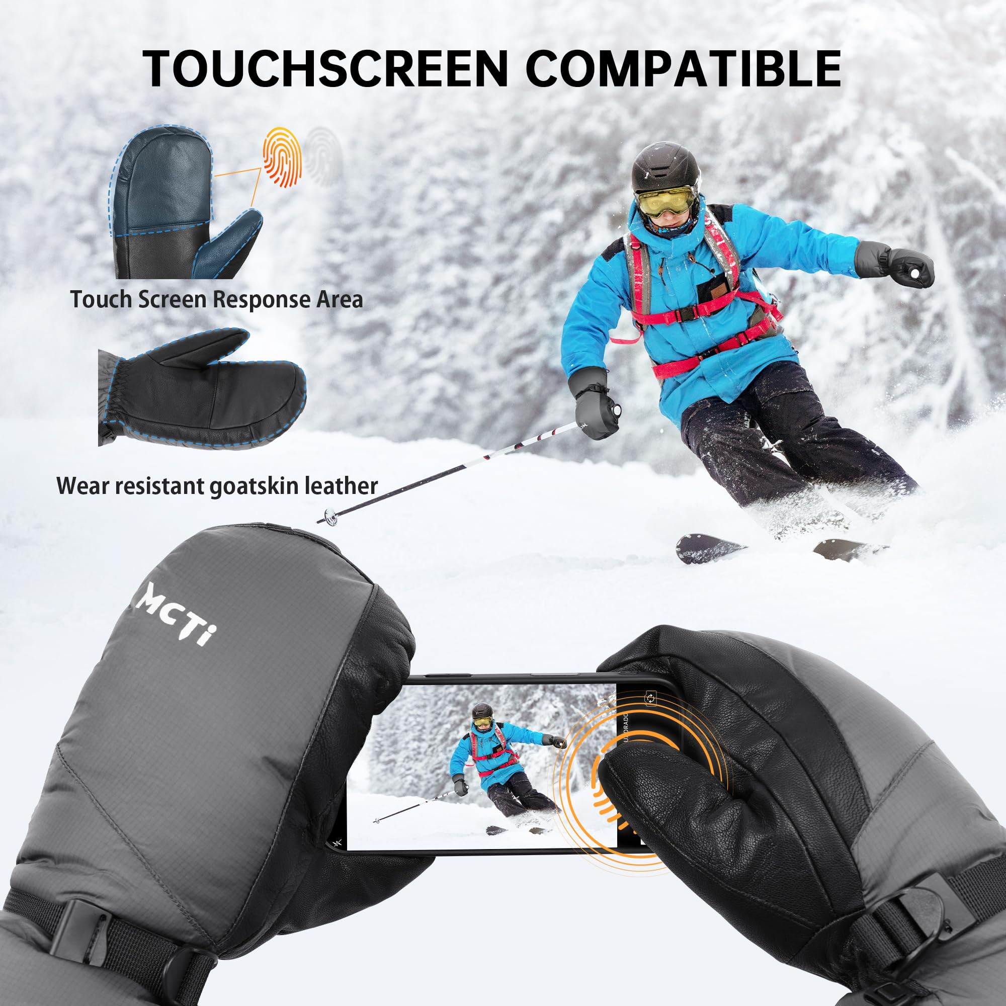 MCTi Ski Mittens Down Mittens Winter Cold Weather Waterproof Touch Screen Mitt for Men - Image 4