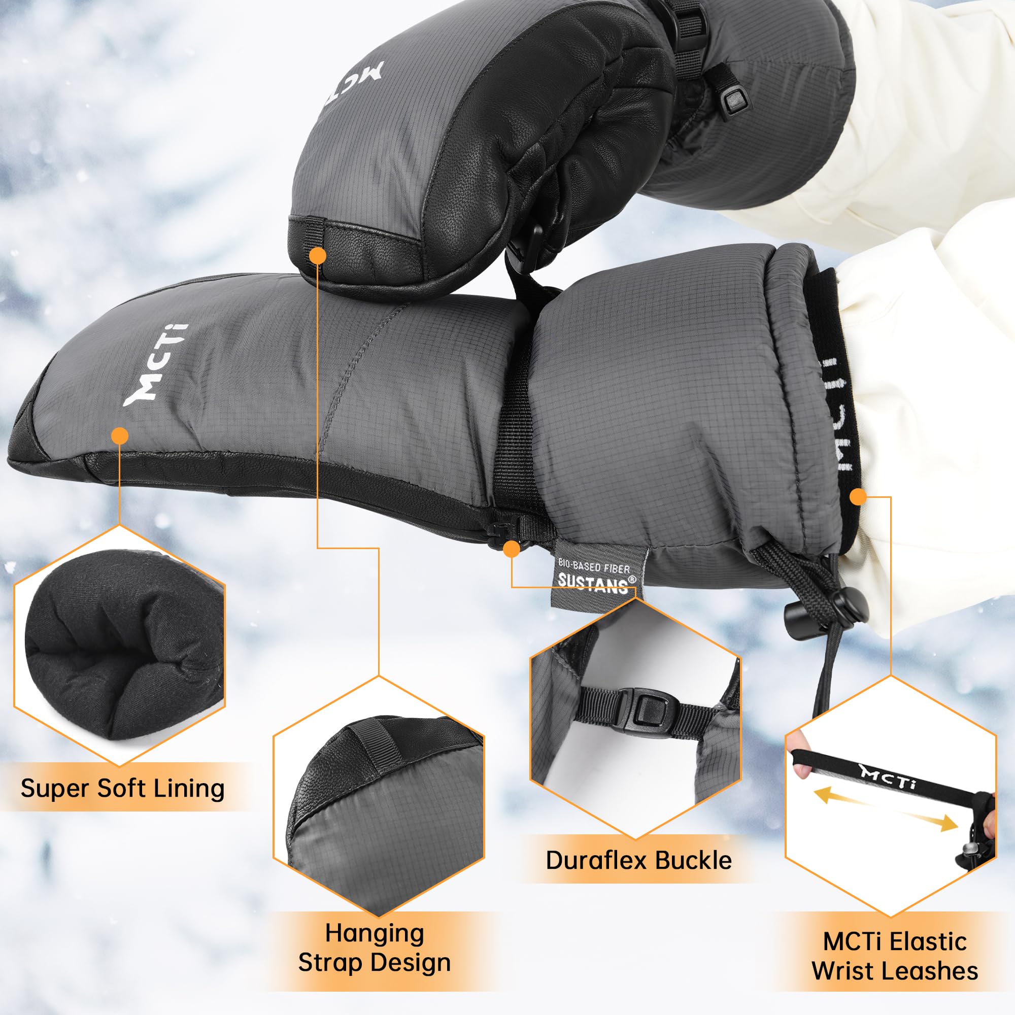 MCTi Ski Mittens Down Mittens Winter Cold Weather Waterproof Touch Screen Mitt for Men - Image 5