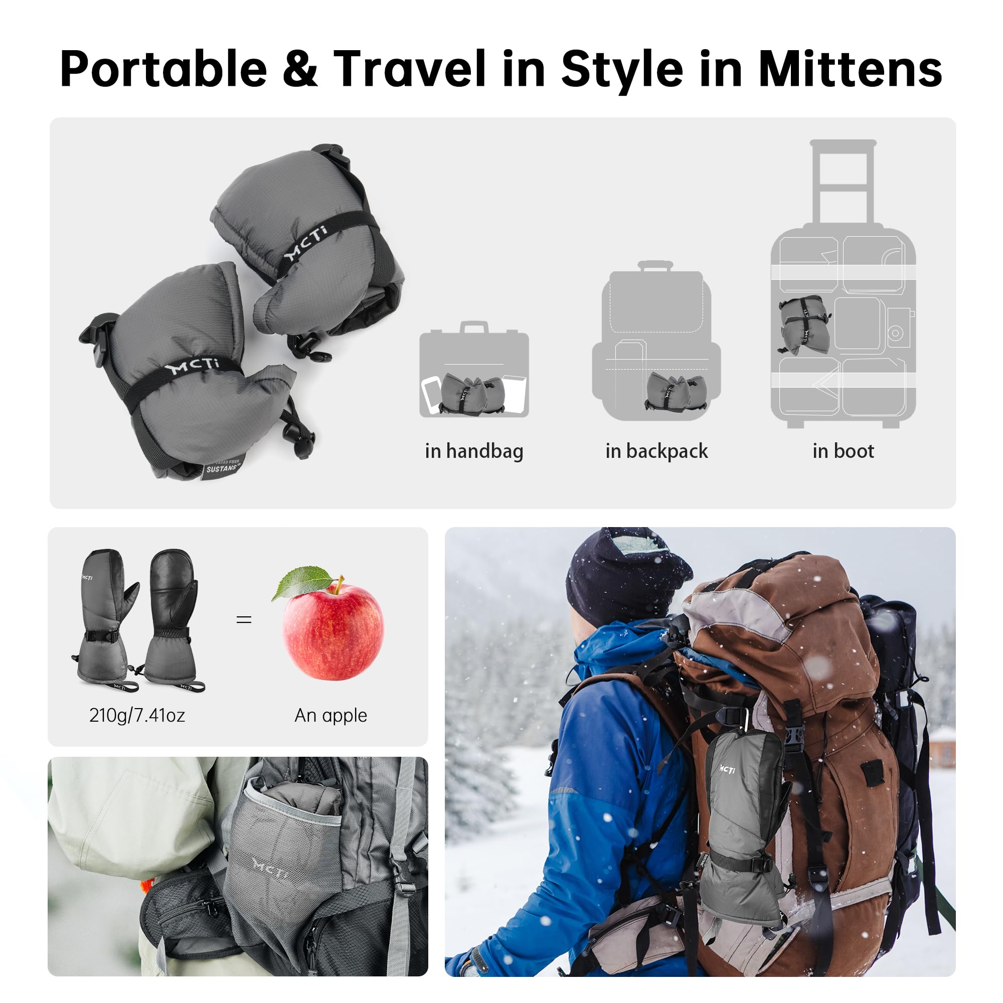 MCTi Ski Mittens Down Mittens Winter Cold Weather Waterproof Touch Screen Mitt for Men - Image 6