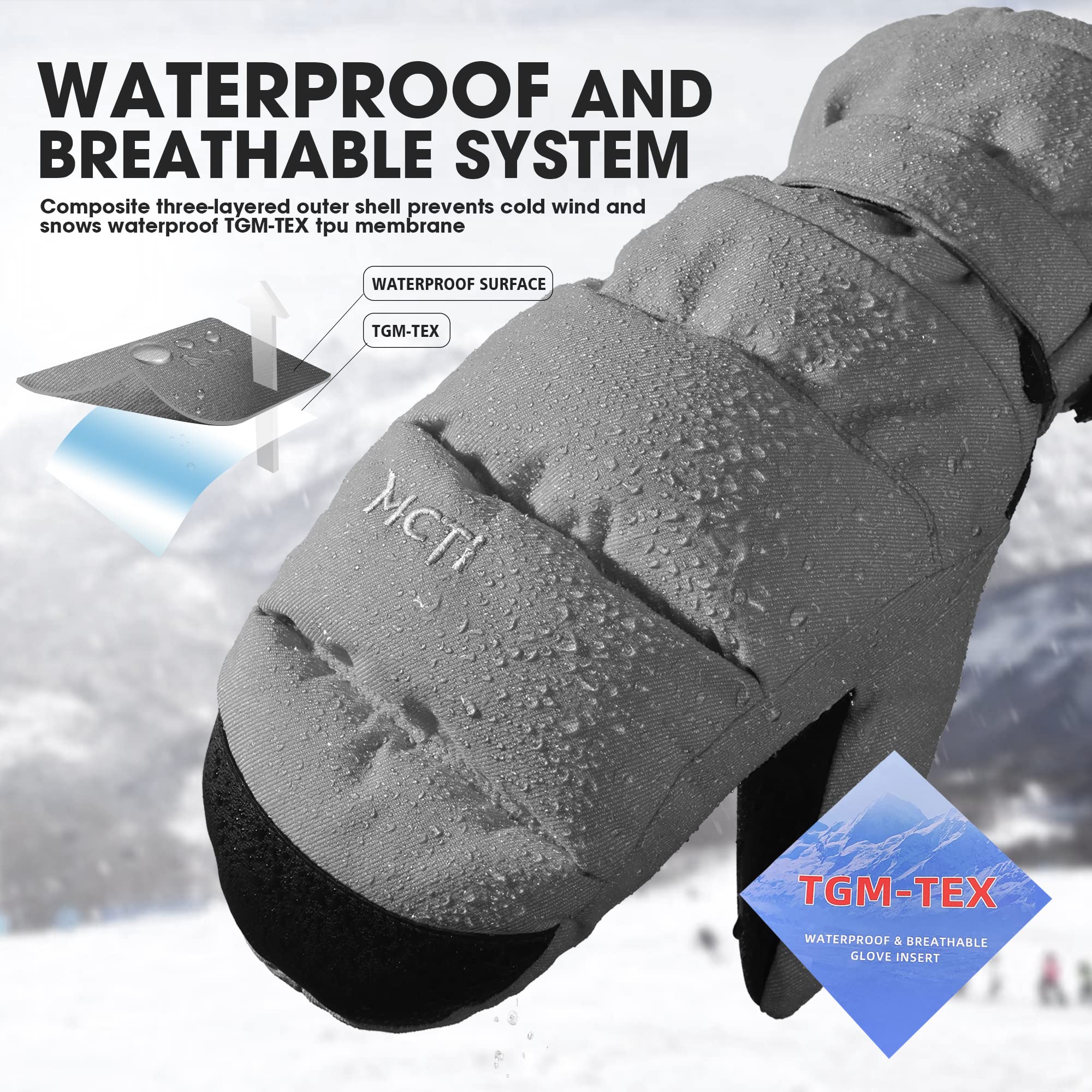 MCTi Ski Mittens Women's Snow Mitten Touch Screen Waterproof Insulated Quilted Mitts with Hidden Zipper - Image 4