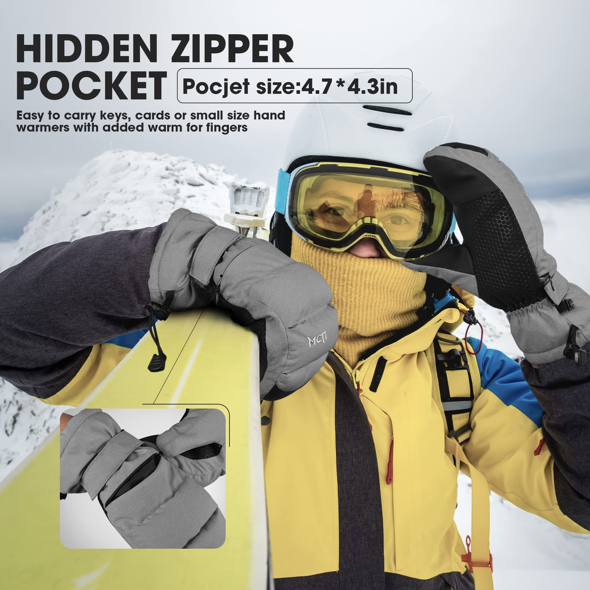 MCTi Ski Mittens Women's Snow Mitten Touch Screen Waterproof Insulated Quilted Mitts with Hidden Zipper - Image 5