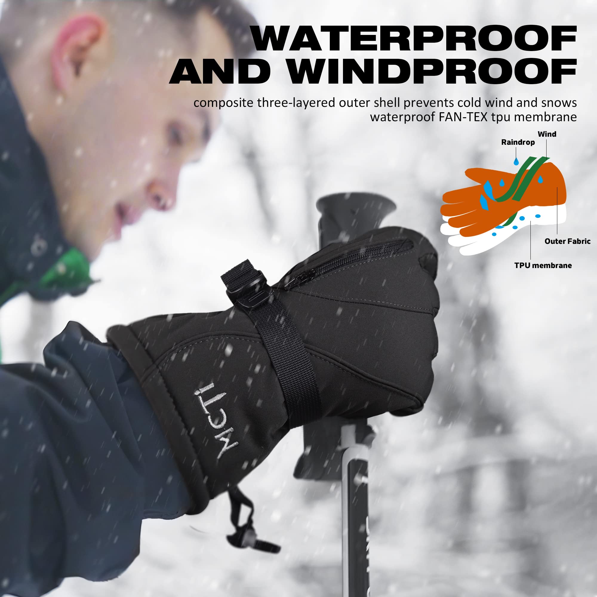 MCTi Waterproof Mens Ski Gloves Winter Warm 3M Thinsulate Snowboard Snowmobile Cold Weather Gloves - Image 3