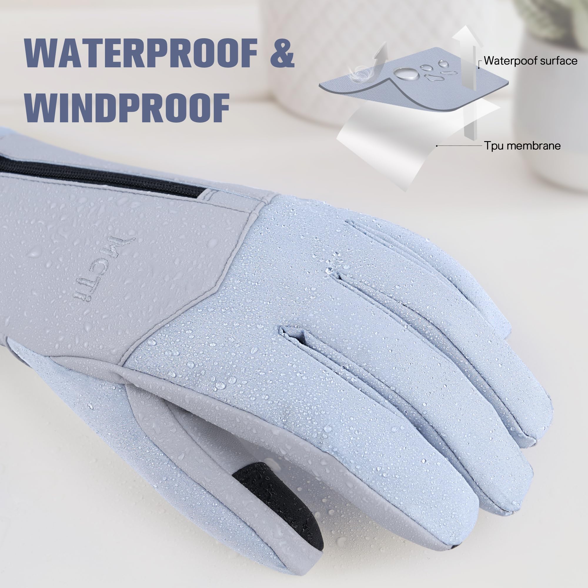 MCTi Winter Gloves for Women Waterproof Warm for Cold Weather Touchscreen Zipper Gloves - Image 3