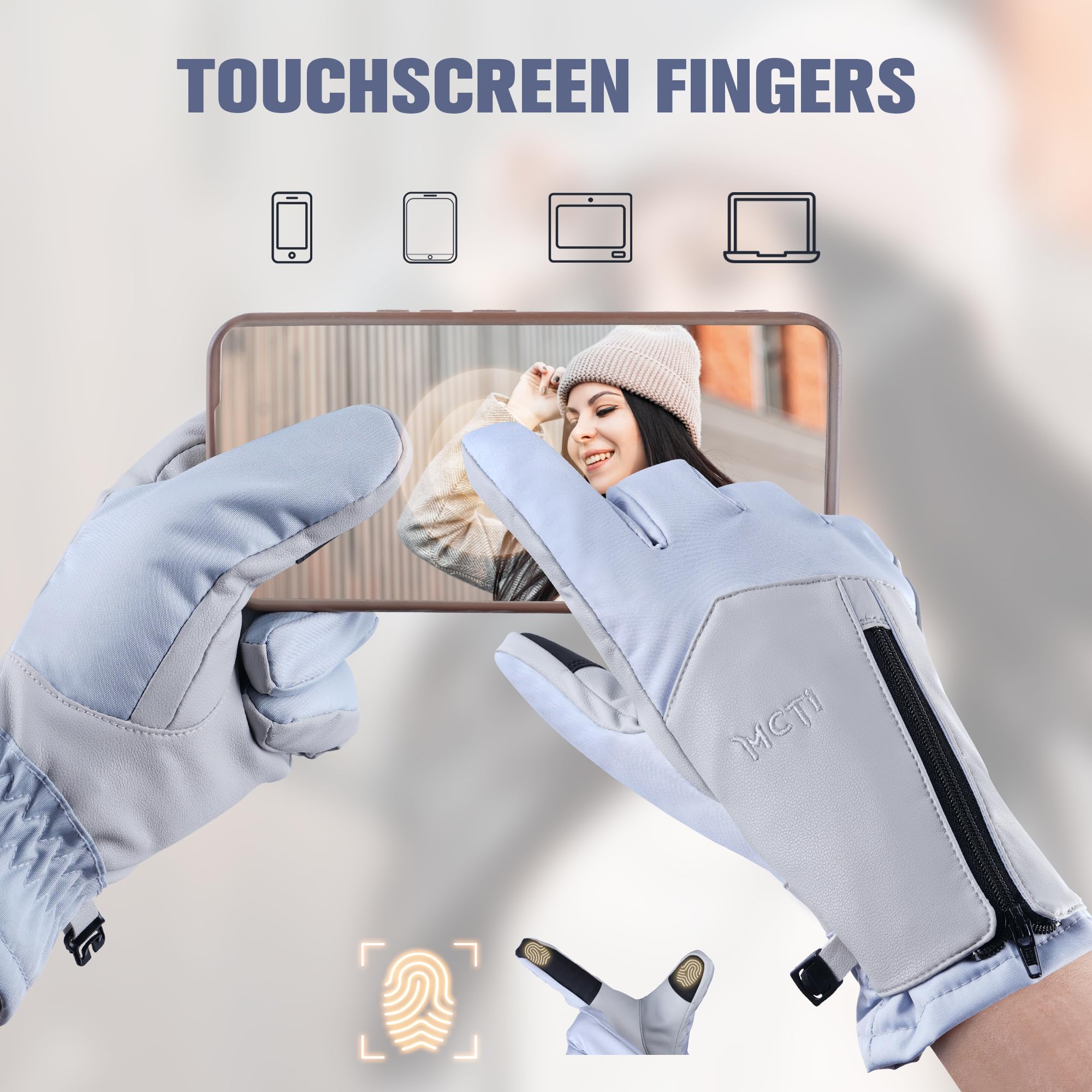 MCTi Winter Gloves for Women Waterproof Warm for Cold Weather Touchscreen Zipper Gloves - Image 4
