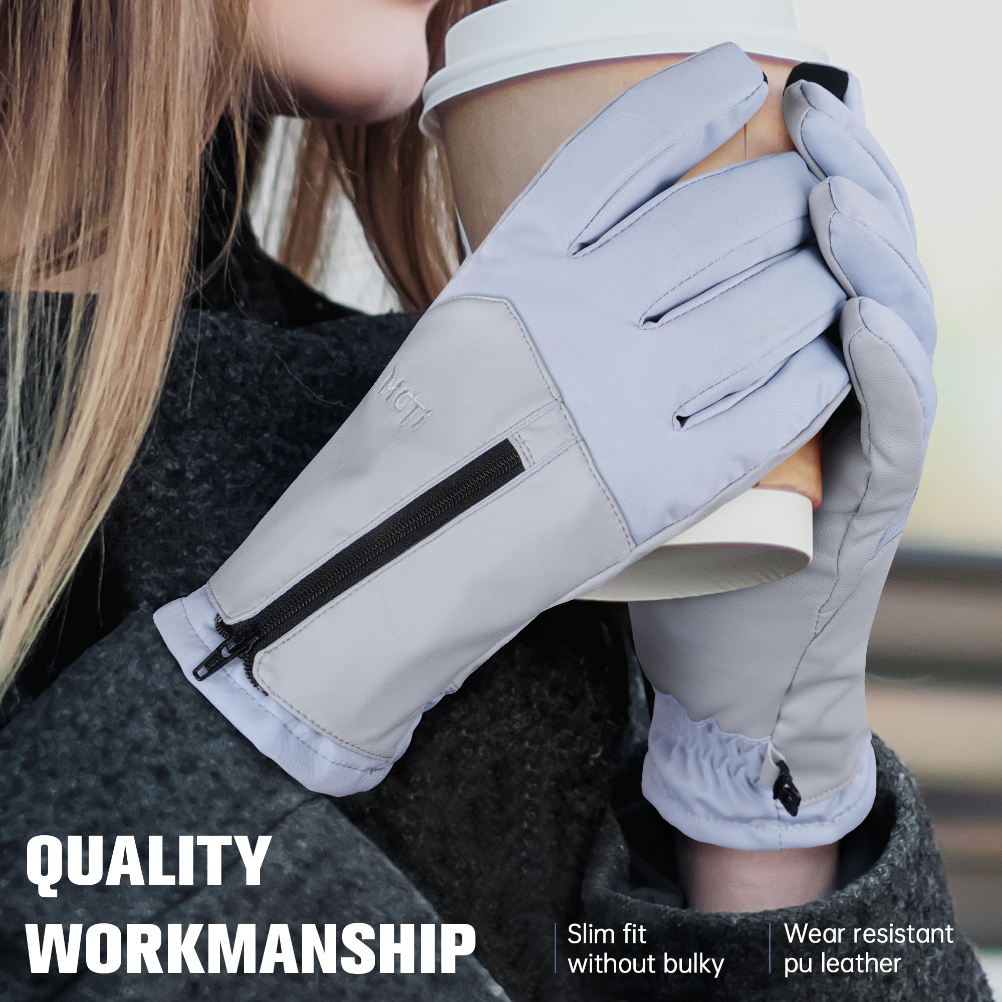 MCTi Winter Gloves for Women Waterproof Warm for Cold Weather Touchscreen Zipper Gloves - Image 5