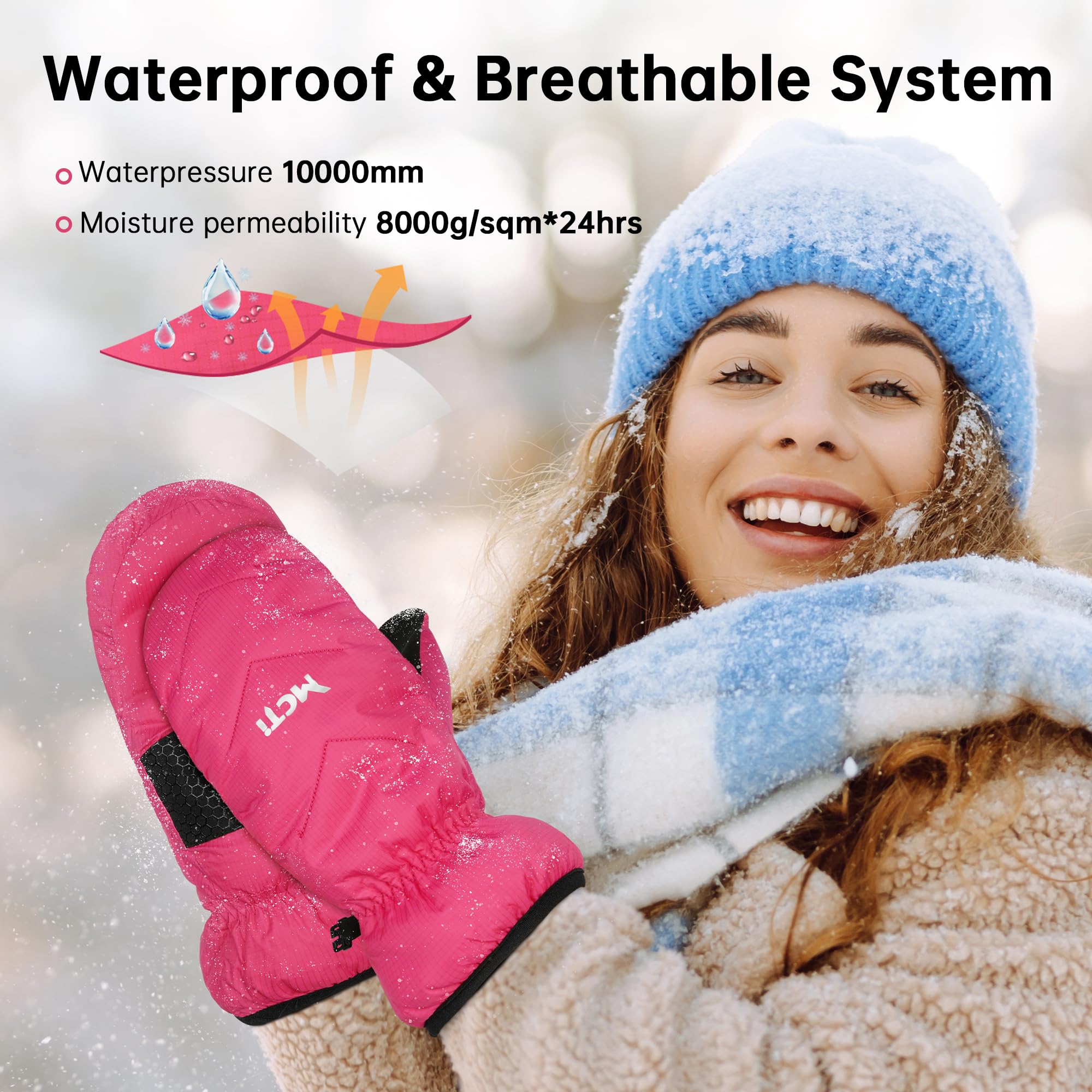 MCTi Women's Goose Down Mittens Waterproof Touch Screen Packable Ultra Light Snow Mitts - Image 3