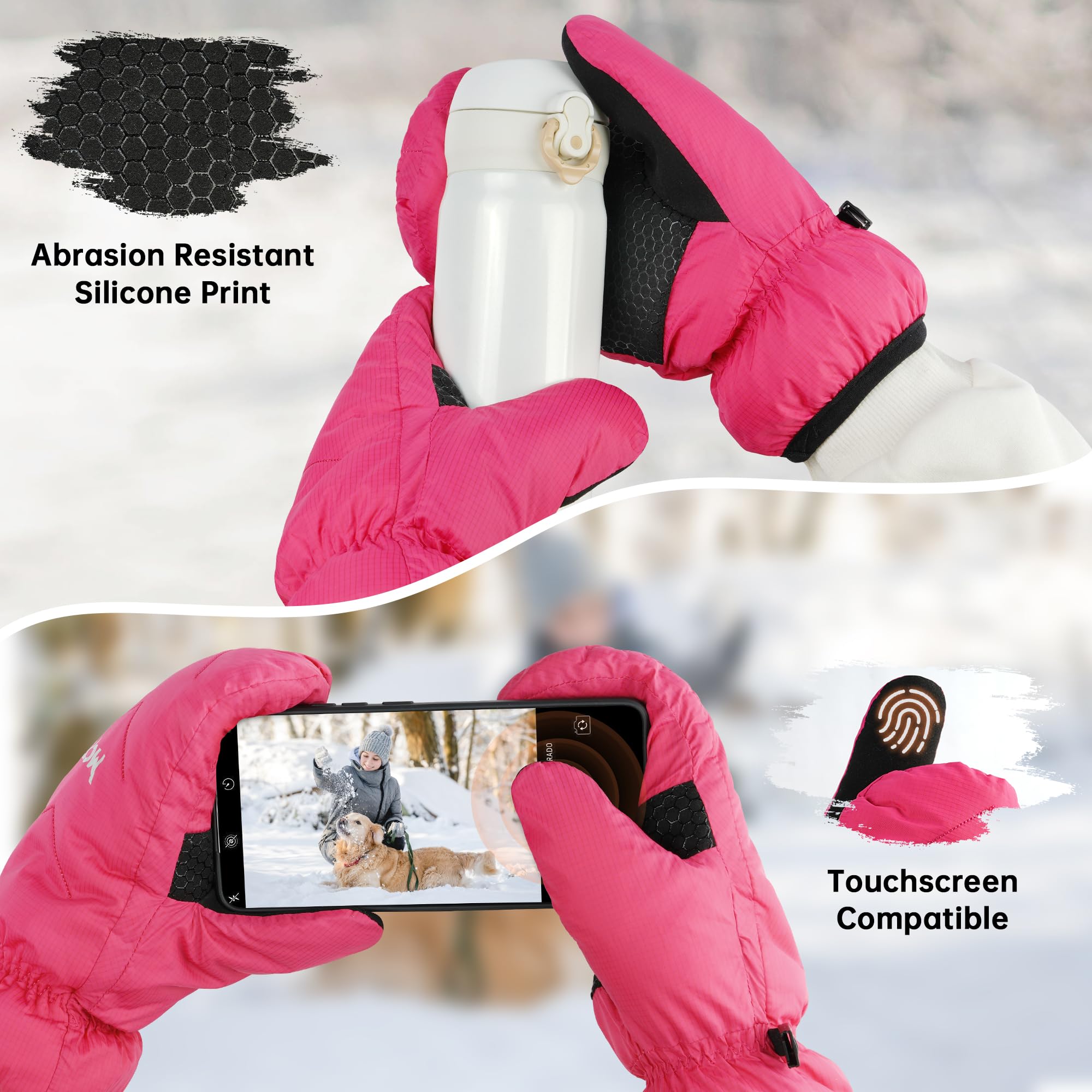 MCTi Women's Goose Down Mittens Waterproof Touch Screen Packable Ultra Light Snow Mitts - Image 4