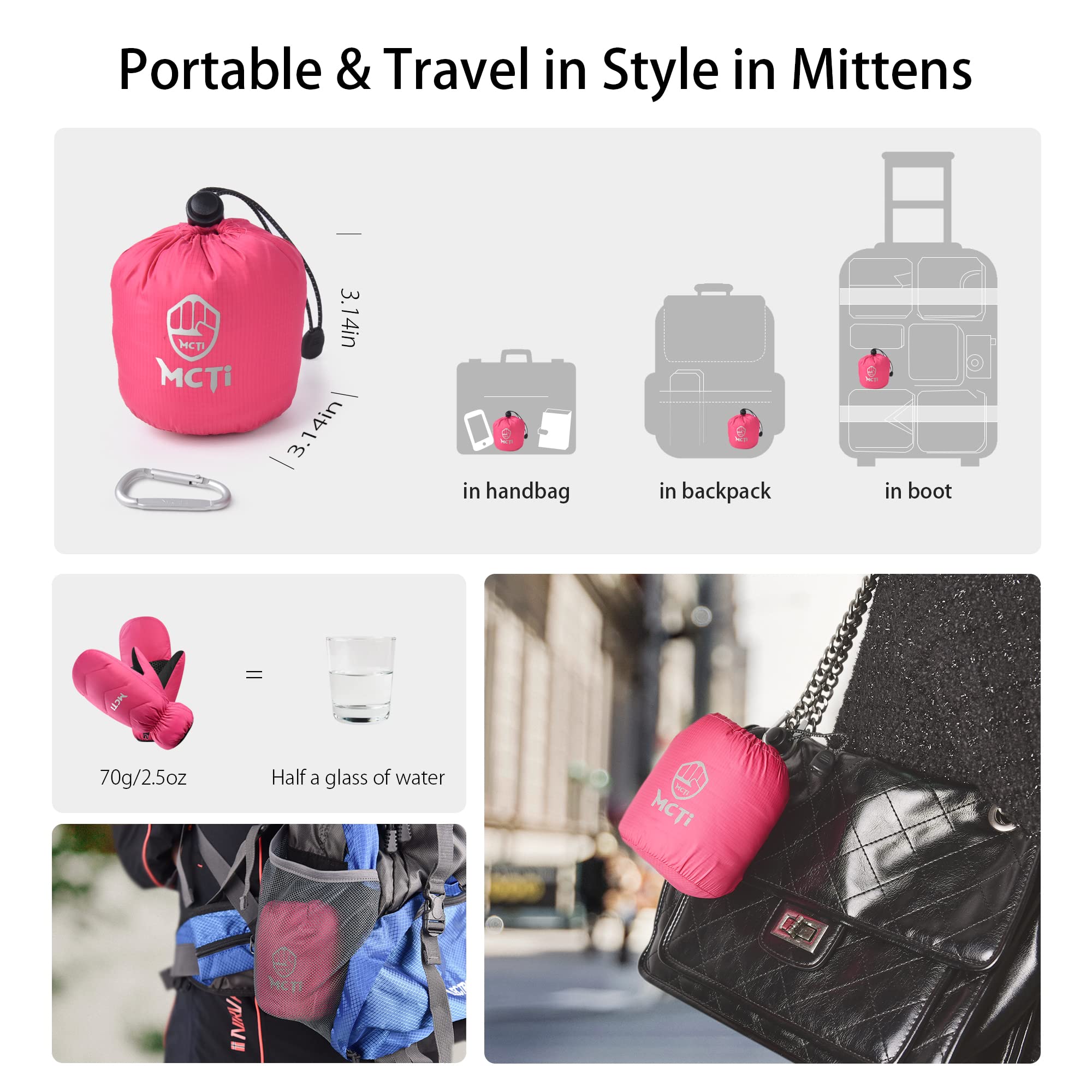 MCTi Women's Goose Down Mittens Waterproof Touch Screen Packable Ultra Light Snow Mitts - Image 5